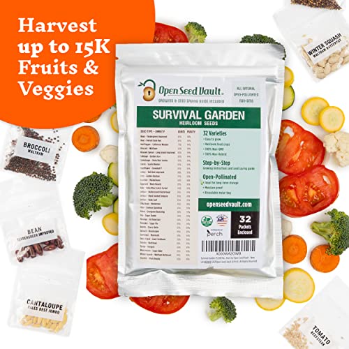 (32) Variety Pack Survival Gear Food Seeds | 15,000 Non GMO Heirloom Seeds for Planting Vegetables and Fruits. Gardening Gifts & Emergency Supplies | by Open Seed Vault