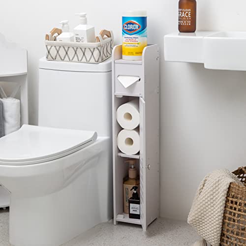 AOJEZOR Small Bathroom Storage Corner Floor Cabinet with Doors and Shelves,Thin Toilet Vanity Cabinet,Narrow Bath Sink Organizer,Towel Storage Shelf for Paper Holder,White