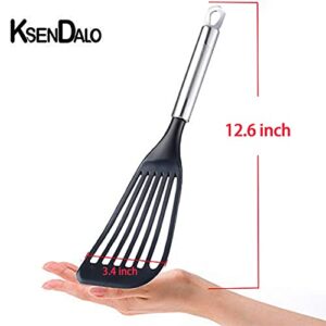 12.6“ Nonstick Spatula Turner, KSENDALO Thin Slotted Spatula, Wide Nylon Blade Lightweight but Sturdy Kitchen Fish Spatula, Desgin for Non-stick Pan, Black(option 1)