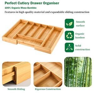 MASS DYNAMIC Expandable Bamboo Drawer Organizer for Silverware, Adjustable Cutlery Tray, Wood Drawer Dividers Flatware Organizer for Kitchen Utensils Holder, Garage Tools and Stationary Holder