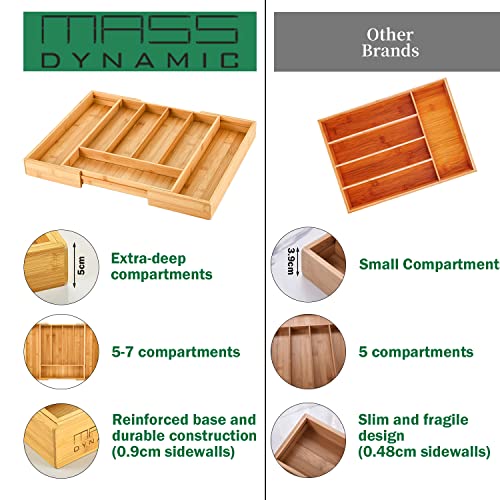 MASS DYNAMIC Expandable Bamboo Drawer Organizer for Silverware, Adjustable Cutlery Tray, Wood Drawer Dividers Flatware Organizer for Kitchen Utensils Holder, Garage Tools and Stationary Holder