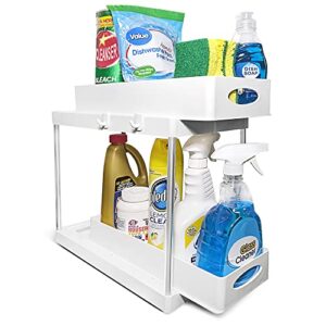 fancy pantry housewares 2 tier sliding pull out under sink and cabinet organizer for kitchen and bathroom storage (white and stainless steel), fph1v1