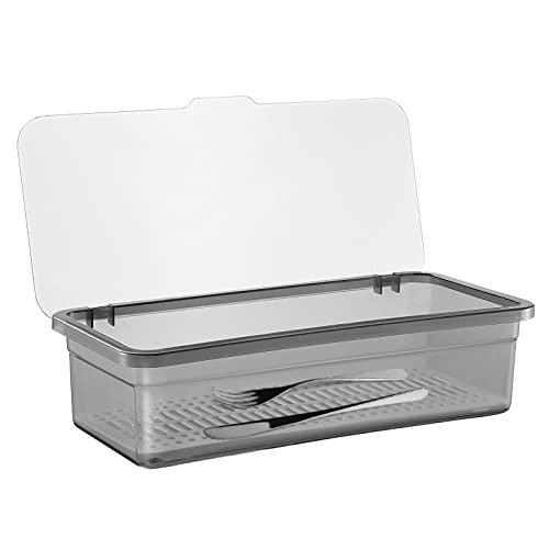 Angoily Flatware Tray with Lid and Drainer, Tableware Utensil and Cutlery Drawer Organizer with Lid Covered Silverware Tray to Keeps Your Cutlery Organized and Protected ( Black )