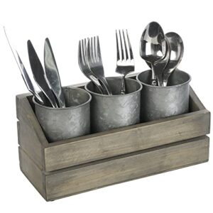 mygift 3 compartment galvanized metal utensil holder with vintage gray solid wood tray, flatware organizer caddy for kitchen counter dining table display