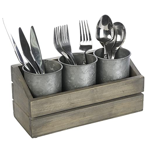 MyGift 3 Compartment Galvanized Metal Utensil Holder with Vintage Gray Solid Wood Tray, Flatware Organizer Caddy for Kitchen Counter Dining Table Display