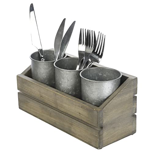 MyGift 3 Compartment Galvanized Metal Utensil Holder with Vintage Gray Solid Wood Tray, Flatware Organizer Caddy for Kitchen Counter Dining Table Display