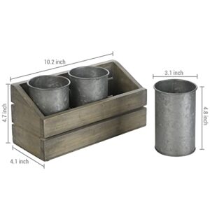 MyGift 3 Compartment Galvanized Metal Utensil Holder with Vintage Gray Solid Wood Tray, Flatware Organizer Caddy for Kitchen Counter Dining Table Display