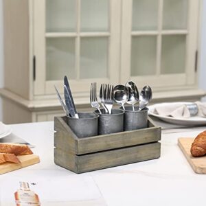 MyGift 3 Compartment Galvanized Metal Utensil Holder with Vintage Gray Solid Wood Tray, Flatware Organizer Caddy for Kitchen Counter Dining Table Display