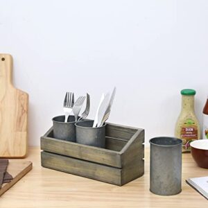 MyGift 3 Compartment Galvanized Metal Utensil Holder with Vintage Gray Solid Wood Tray, Flatware Organizer Caddy for Kitchen Counter Dining Table Display