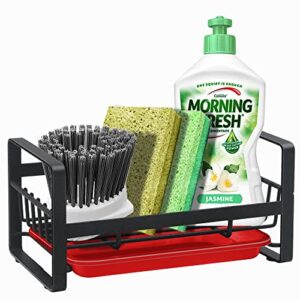 kitchen sponge holder for sink, kitchen sink caddy organizer, sink tray drainer rack, dish rags brush soap storage countertop with removable front drain pan – black&red