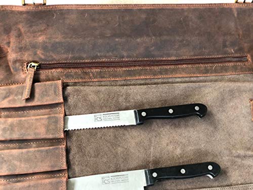 Chef's Knife Roll Case Heavy Duty Holds 12 Knifes Kitchen Storage Cutlery Carrier Zipper For Culinary Tools Easily Carried By Shoulder Straps For Professional Chef's Great Gift (Buff Leather)