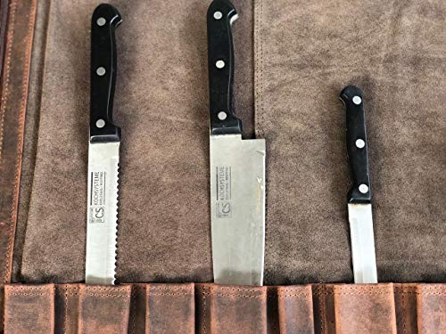 Chef's Knife Roll Case Heavy Duty Holds 12 Knifes Kitchen Storage Cutlery Carrier Zipper For Culinary Tools Easily Carried By Shoulder Straps For Professional Chef's Great Gift (Buff Leather)