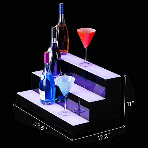 Nurxiovo Liquor Bottle Display Shelf 24 in 3 Step LED Lighted Bar Shelf for Home Commercial Bar, with RF Remote Control Multiple Colors