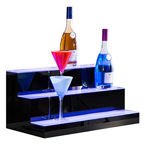 Nurxiovo Liquor Bottle Display Shelf 24 in 3 Step LED Lighted Bar Shelf for Home Commercial Bar, with RF Remote Control Multiple Colors