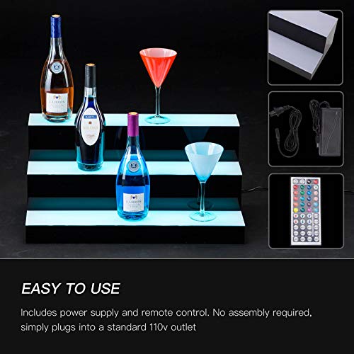 Nurxiovo Liquor Bottle Display Shelf 24 in 3 Step LED Lighted Bar Shelf for Home Commercial Bar, with RF Remote Control Multiple Colors