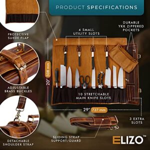 ELIZO Genuine Buffalo Leather Knife Roll Set Chef's Knife Holder Cutlery Sheath Artist Case Organizer Storage bag Travel Friendly Gift for Men & Women - Antique