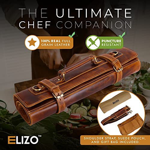 ELIZO Genuine Buffalo Leather Knife Roll Set Chef's Knife Holder Cutlery Sheath Artist Case Organizer Storage bag Travel Friendly Gift for Men & Women - Antique