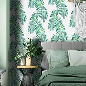 HOYOYO Tropical Shrub Leaves Self-Adhesive Liner Paper, White, greens Tropical Shrub Leaves Removable Peel and Stick Dresser Cabinets Furniture Table Desk Home Decor 17.8 x 118 inch