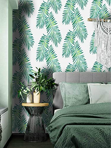 HOYOYO Tropical Shrub Leaves Self-Adhesive Liner Paper, White, greens Tropical Shrub Leaves Removable Peel and Stick Dresser Cabinets Furniture Table Desk Home Decor 17.8 x 118 inch