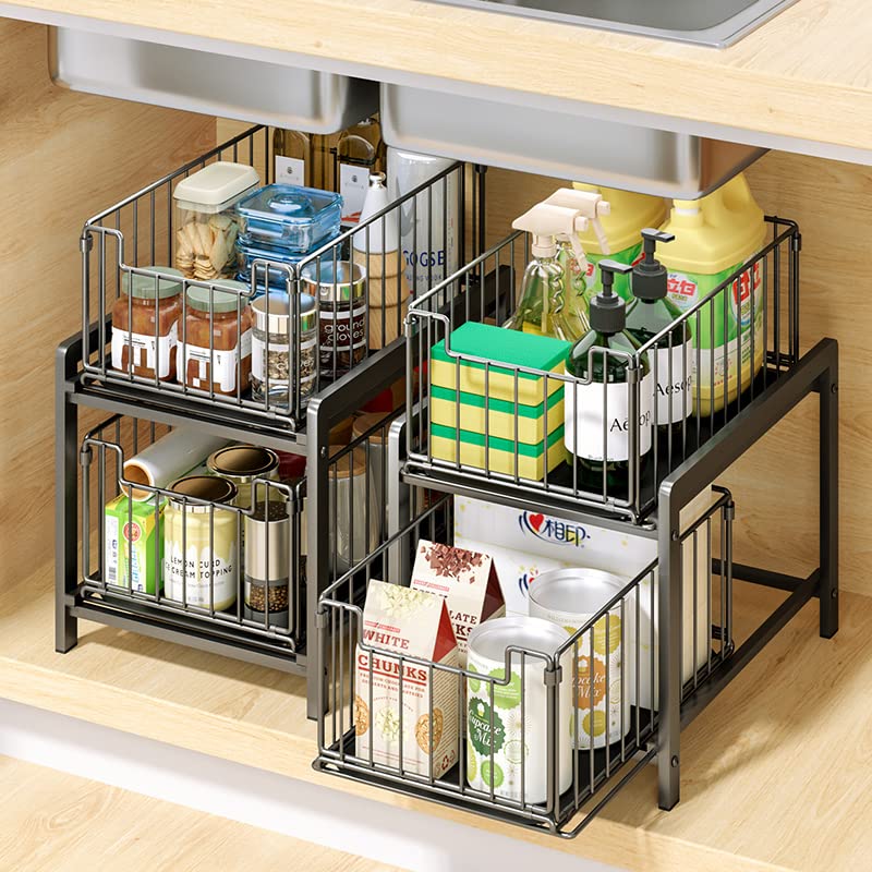 Under Sink Organizer, FLYWAKE 2-Tier Pull-Out Cabinet Organizer with Hooks for Kitchen Bathroom Organizers and Storage Organization (Shiny black)