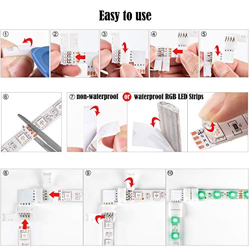 L Shape 4-Pin LED Connectors 10-Pack JACKYLED 10mm Wide Right Angle Corner Connectors Solderless Adapter Connector Terminal Extension with 22Pcs Clips for 3528/5050 SMD RGB 4 Conductor LED Light Strips