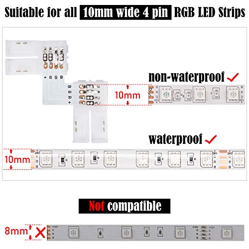 L Shape 4-Pin LED Connectors 10-Pack JACKYLED 10mm Wide Right Angle Corner Connectors Solderless Adapter Connector Terminal Extension with 22Pcs Clips for 3528/5050 SMD RGB 4 Conductor LED Light Strips