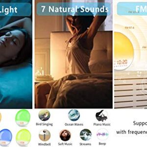 Wake Up Light Sunrise Alarm Clock for Kids, Heavy Sleepers, Bedroom, with Sunrise Simulation, Sleep Aid, Dual Alarms, FM Radio, Snooze, Nightlight, Daylight, 7 Colors, 7 Natural Sounds, Ideal for Gift