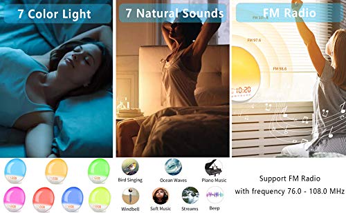 Wake Up Light Sunrise Alarm Clock for Kids, Heavy Sleepers, Bedroom, with Sunrise Simulation, Sleep Aid, Dual Alarms, FM Radio, Snooze, Nightlight, Daylight, 7 Colors, 7 Natural Sounds, Ideal for Gift