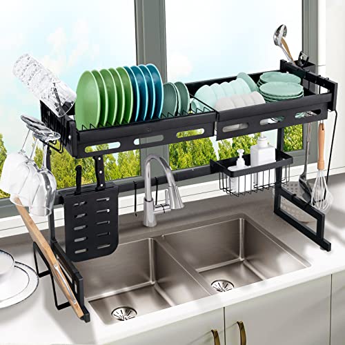 rotinyard Over The Sink Dish Rack, Adjustable (25.6”-33.8”) Dish Rack Over The Sink, Rust-Resistant 2-Tier Dish Drying Shelf Over The Counter for Kitchen Organizer, Space Saver, Black