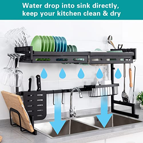 rotinyard Over The Sink Dish Rack, Adjustable (25.6”-33.8”) Dish Rack Over The Sink, Rust-Resistant 2-Tier Dish Drying Shelf Over The Counter for Kitchen Organizer, Space Saver, Black