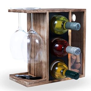 rustic state rias countertop wood wine rack for 3 bottles and 2 stemware glass holder cork storage tabletop tray freestanding organizer – home, kitchen, dining room bar décor – burnt brown