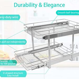 Pull Out Cabinet Organizer, Heavy Duty-14"W x 22"D x 15.5"H（13.8"H）,Request at Least 14.5"W x 22"D x 14"H Cabinet, 2 Tier Sliding Pull out drawers for kitchen cabinets, Chrome