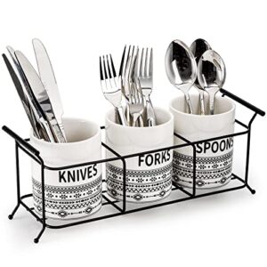 bekith 3-piece ceramic silverware caddy with metal rack, utensil holder flatware caddy cutlery storage organizer for kitchen table, cabinet or pantry, white