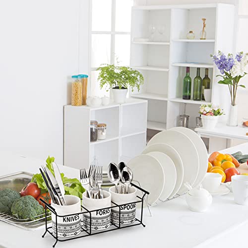 Bekith 3-Piece Ceramic Silverware Caddy with Metal Rack, Utensil Holder Flatware Caddy Cutlery Storage Organizer for Kitchen Table, Cabinet or Pantry, White