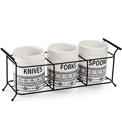 Bekith 3-Piece Ceramic Silverware Caddy with Metal Rack, Utensil Holder Flatware Caddy Cutlery Storage Organizer for Kitchen Table, Cabinet or Pantry, White