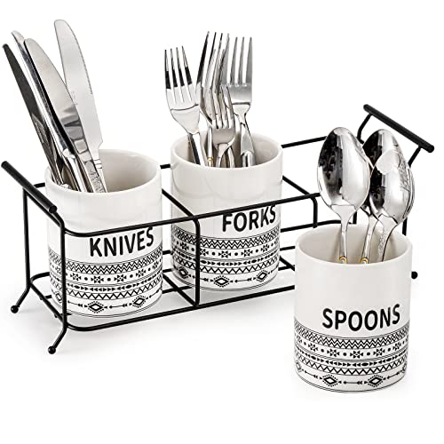 Bekith 3-Piece Ceramic Silverware Caddy with Metal Rack, Utensil Holder Flatware Caddy Cutlery Storage Organizer for Kitchen Table, Cabinet or Pantry, White