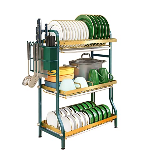 JAZORR Dish Drying Rack, 3 Tier Dish Rack with Drainboard, Cutlery Holder, Cutting-Board Holder，Large Capacity Dish Drainer for Plates Bowls Cups Kitchen Counter(Green & Golden)