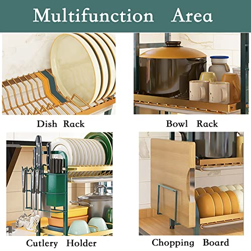 JAZORR Dish Drying Rack, 3 Tier Dish Rack with Drainboard, Cutlery Holder, Cutting-Board Holder，Large Capacity Dish Drainer for Plates Bowls Cups Kitchen Counter(Green & Golden)