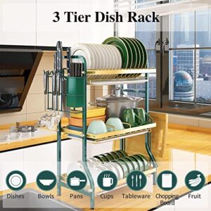 JAZORR Dish Drying Rack, 3 Tier Dish Rack with Drainboard, Cutlery Holder, Cutting-Board Holder，Large Capacity Dish Drainer for Plates Bowls Cups Kitchen Counter(Green & Golden)