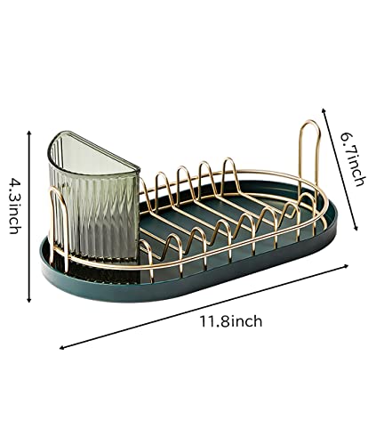 Qulable Dish Rack Drainer with Removable Tray Mini Sink Dish Strainers Drying Rack Drainers Tableware Organizer Waterproof for Kitchen Counter Top(Green)