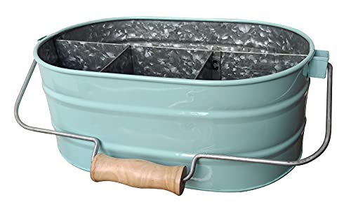 Homebia Designs Galvanized Metal Caddy with 4 Compartments, Rustic Farmhouse Kitchen Indoor Outdoor Picnic Utensil Holder, Multipurpose Storage Bin, Metal Garden Planters - 12 Inch - Aqua