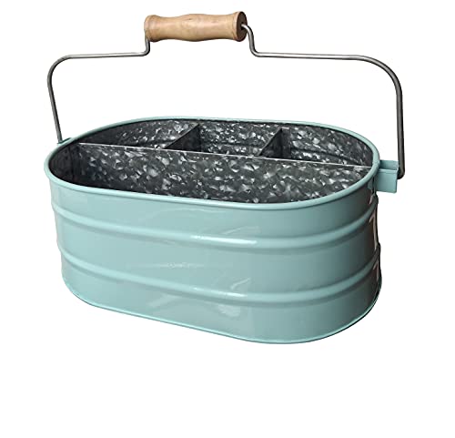 Homebia Designs Galvanized Metal Caddy with 4 Compartments, Rustic Farmhouse Kitchen Indoor Outdoor Picnic Utensil Holder, Multipurpose Storage Bin, Metal Garden Planters - 12 Inch - Aqua