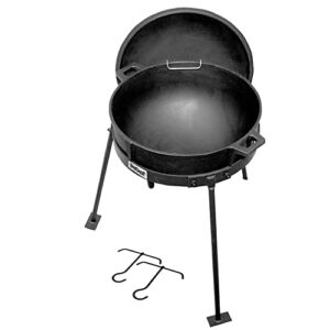 bayou classic ci7007 7-gal cast iron jambalaya kettle w/ lid and stand features cast iron lid w/ stainless built-in lid holder steel tripod stand w/ wide leg design perfect for large event cooking
