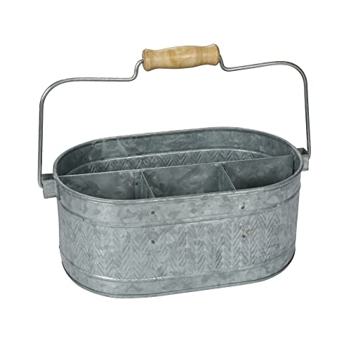 Rustic Fahmouse Galvanized Food Kitchen Utensil Holder, Picnic Drink Serveware Caddy, Multipurpose Vintage Storage Bin With Handle For Dining Table Bathroom Gardening- 12 Inch - Antique Silver
