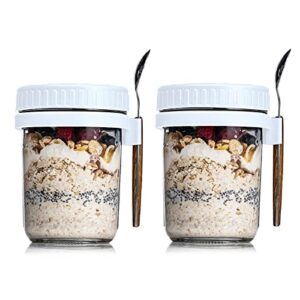 xigugo overnight oats jars, overnight oats container with lid and spoon, 10 oz cereal, milk, vegetable and fruit salad storage container with measurement marks (white2)