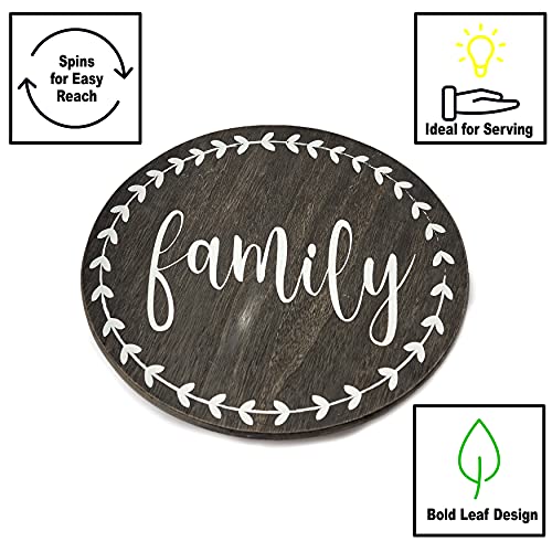 Rotatable Lazy Susan with Sentimental Phrase and Bold Leaf Accents - Family