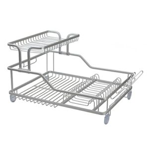 home basics 2-tier aluminum dish drying storage rack with utensil holder, cup holder & draining tray for kitchen countertop sink
