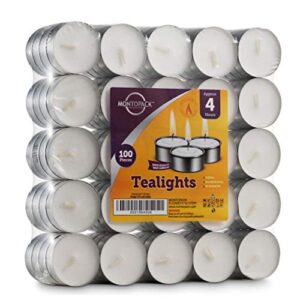 MontoPack Unscented Tea Lights Candles in Bulk | 100 White, Smokeless, Dripless & Long Lasting Paraffin Tea Candles | Small Votive Mini Tealight Candles for Home, Pool, Shabbat, Weddings & Emergencies