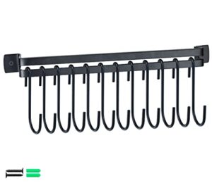 pots and pans hanging rack wall mounted,kitchen utensil hanger with 12 pack black s hooks for hanging spatulas measuring spoons tools coffee mug,anti-drop kitchen wall rack rrganizer -17 inch