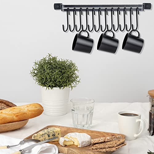 Pots and Pans Hanging Rack Wall Mounted,Kitchen Utensil Hanger with 12 Pack Black S Hooks for Hanging Spatulas Measuring Spoons Tools Coffee Mug,Anti-Drop Kitchen Wall Rack Rrganizer -17 Inch